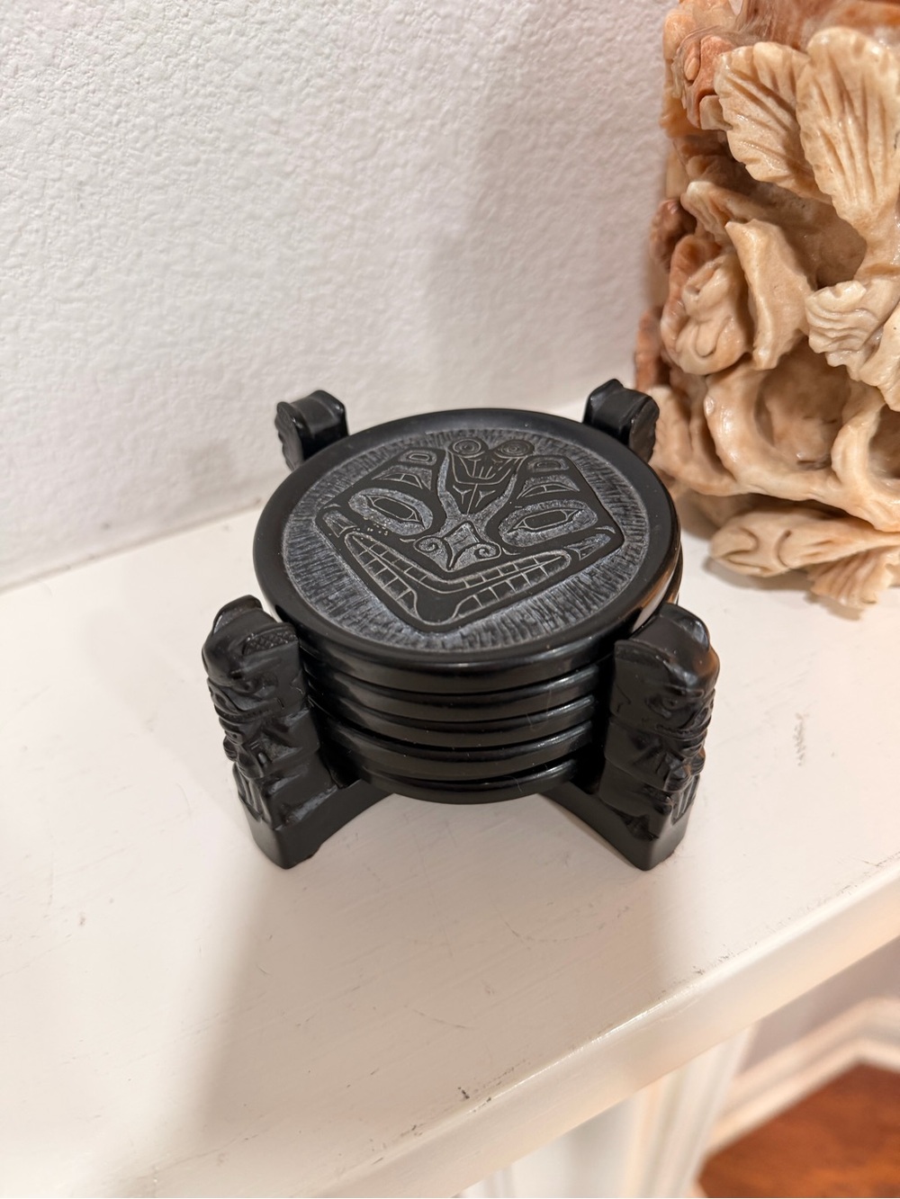 Tiki Coaster Set Black Tribal Carved Holder Drink Coasters Set Canada